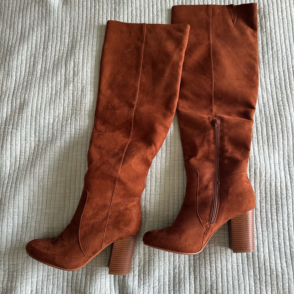 Brown suede thigh high boots